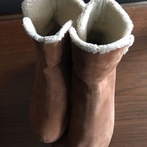 Clog boots. Suede. Shearling lined. Small block heel -2 1/2 in wooden heel.